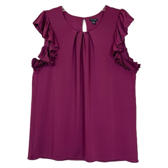 Ann Taylor Pleated Fuchsia Magenta Sleeveless Flutter Sleeve Crewneck Blouse M - Picture 2 of 5